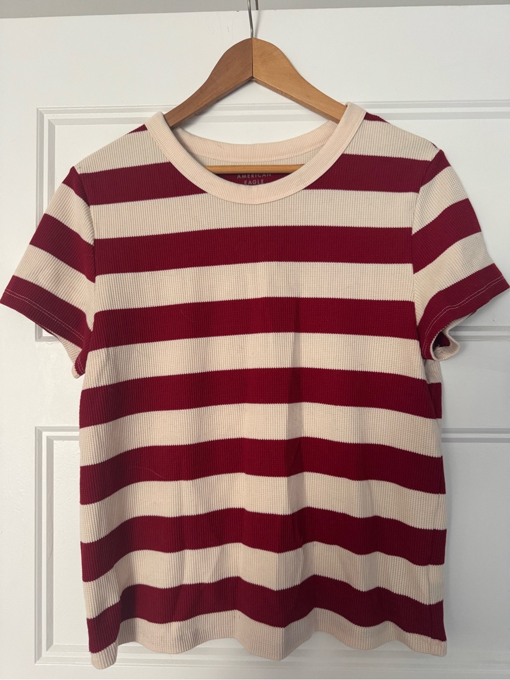 American Eagle Outfitters Red and Cream Striped Short Sleeve Tee